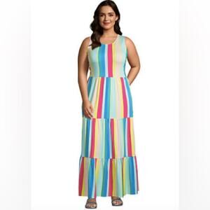 Lands End Sleeveless Tiered Striped Stretchy Maxi 18 XL
